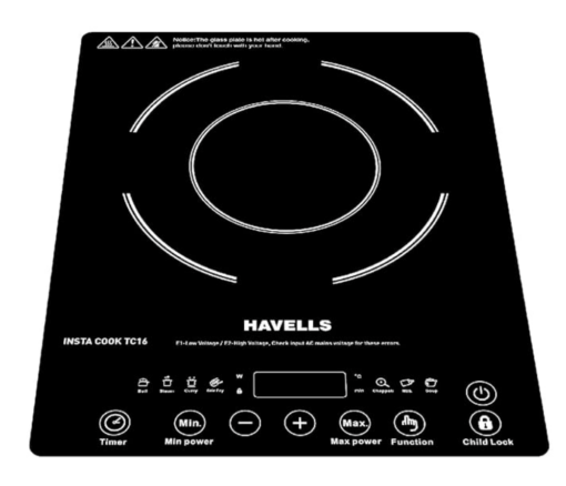 Havells Insta Cook Tc 16 Energy Efficent Induction (Black), 1600Watt, with 7 Cooking Option, Auto Pan Detection Sensor &3 Year Coil Warranty, Tempered Glass